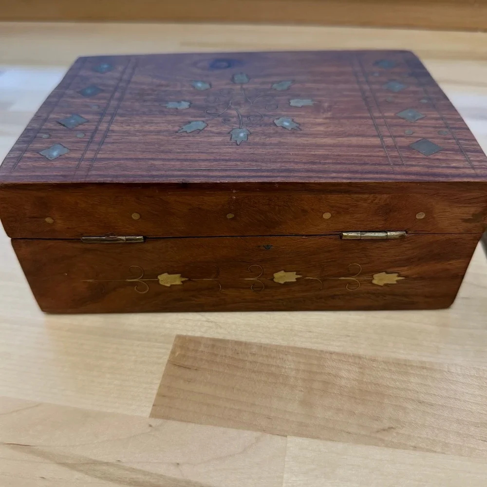 Vintage Wooden Brass Inlaid Boho Hinged Velvet Lined Trinket Boxes Lot of 2